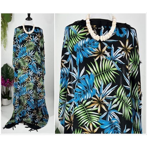 Black/Green/Blue Tropical Floral Palm MAXI SARONG Kīkepa Pareo Beach Wrap Skirt - Picture 5 of 5